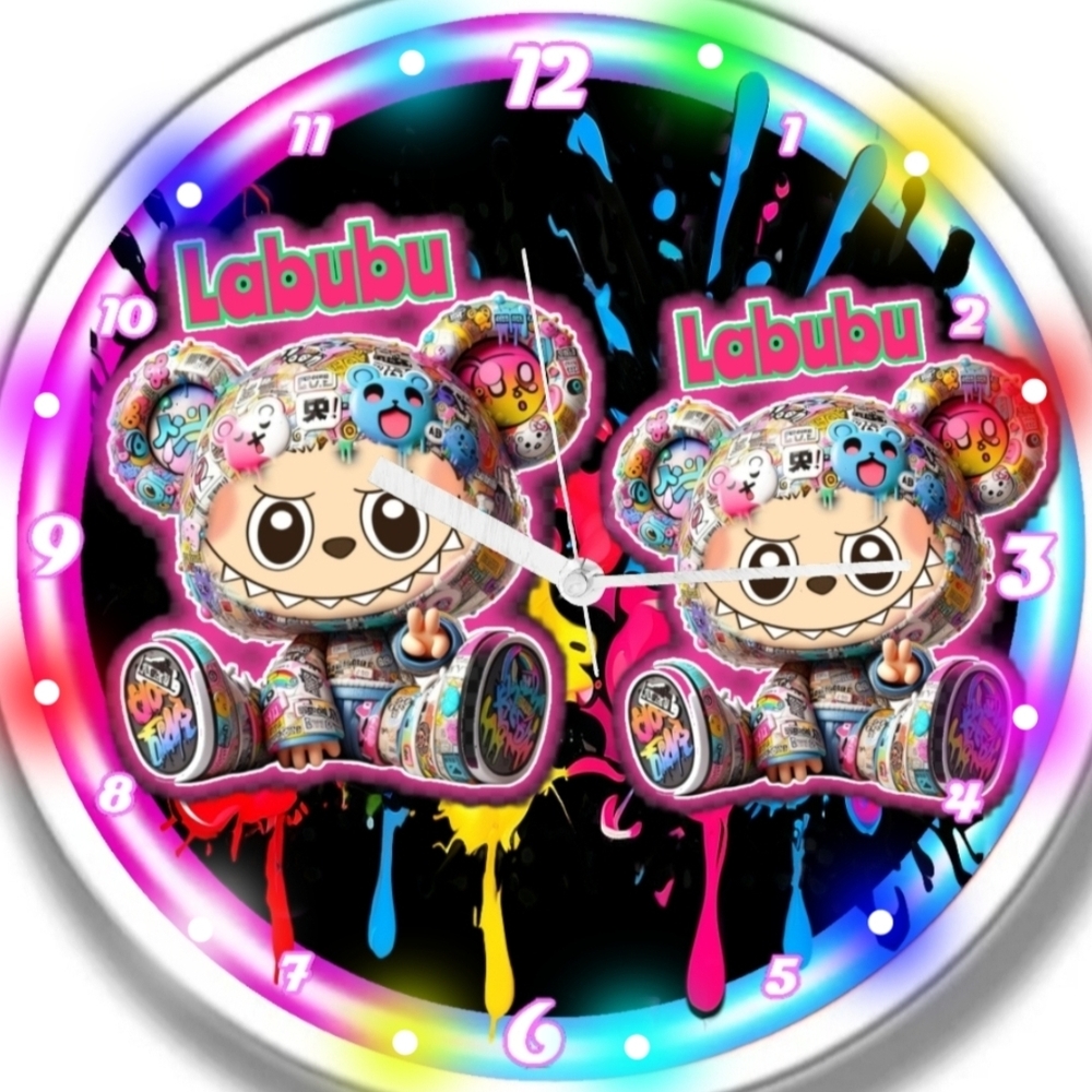 Labubu Monster Twins Colorful  Wall Clock With Led Lights Personalized